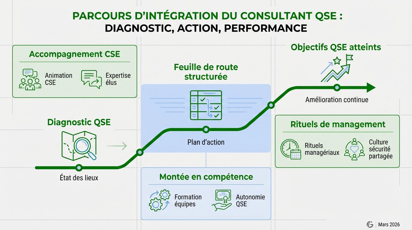 Parcours d'intégration du consultant QSE comprenant le diagnostic et le plan d'action